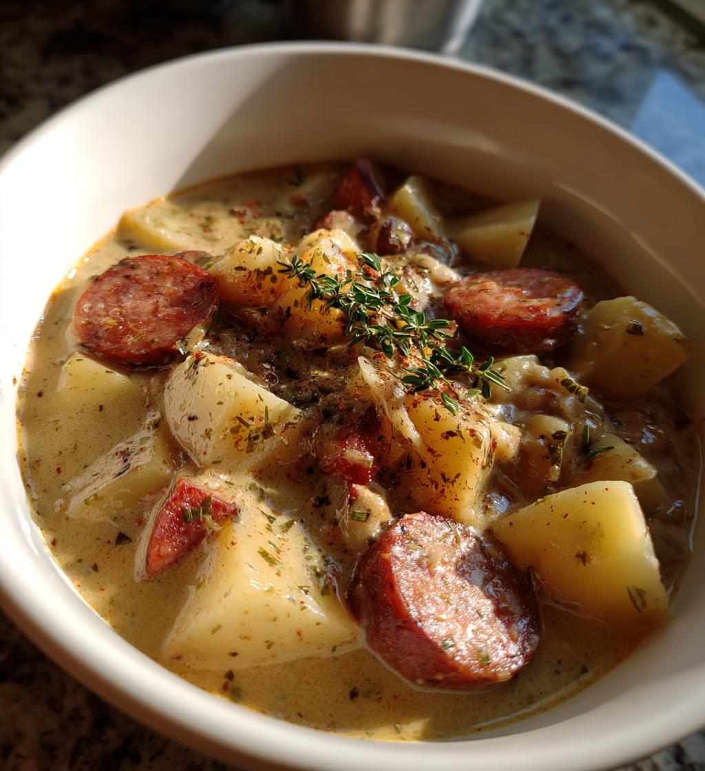 creamy sausage and potato soup - detail 1