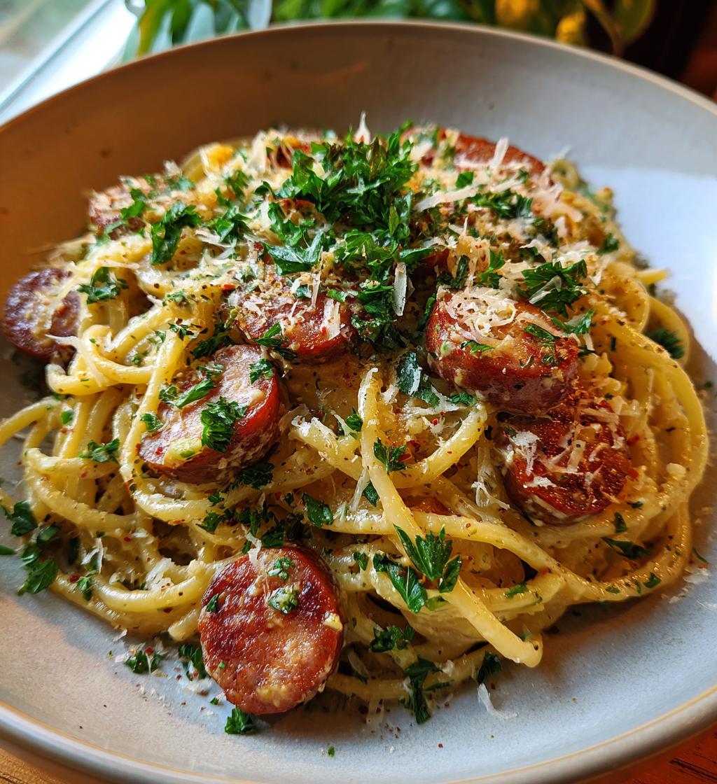 garlic butter sausage pasta - detail 1