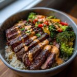 korean bbq steak rice bowls with spicy cream sauce