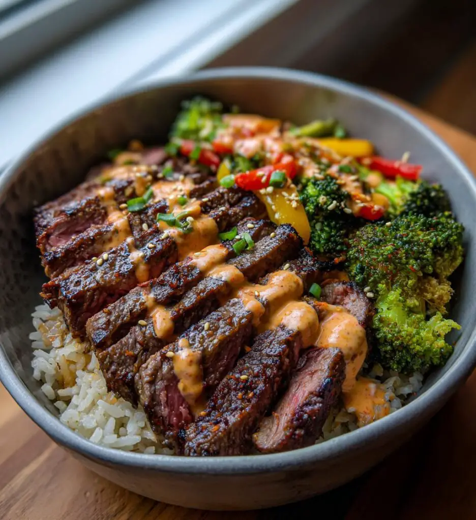 korean bbq steak rice bowls with spicy cream sauce