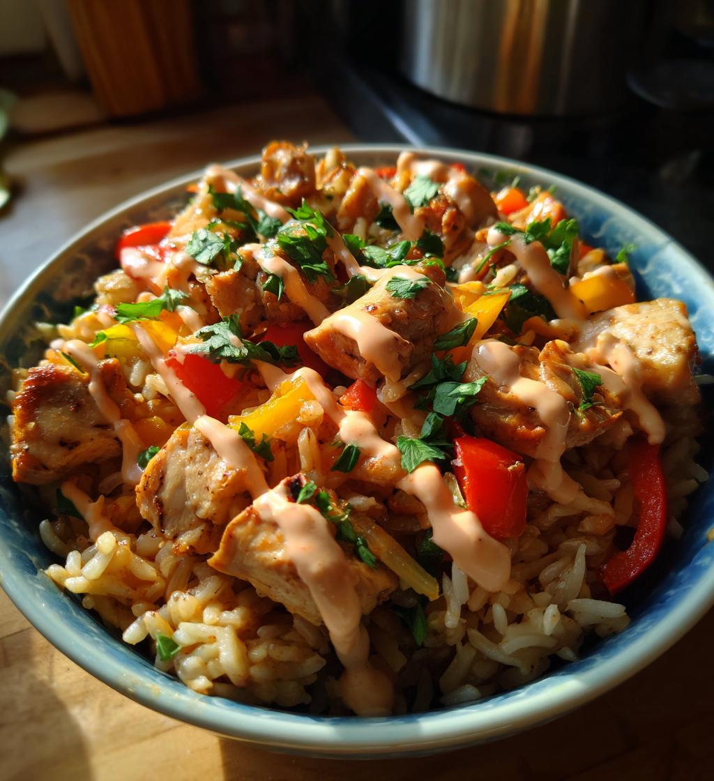 loaded chicken fajita rice bowls with smoky chipotle cream