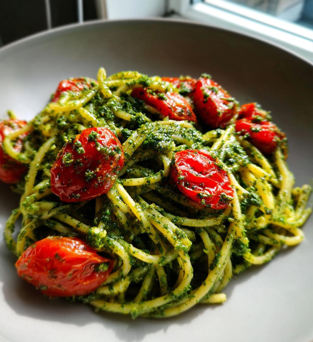 pesto pasta with roasted tomatoes - detail 1