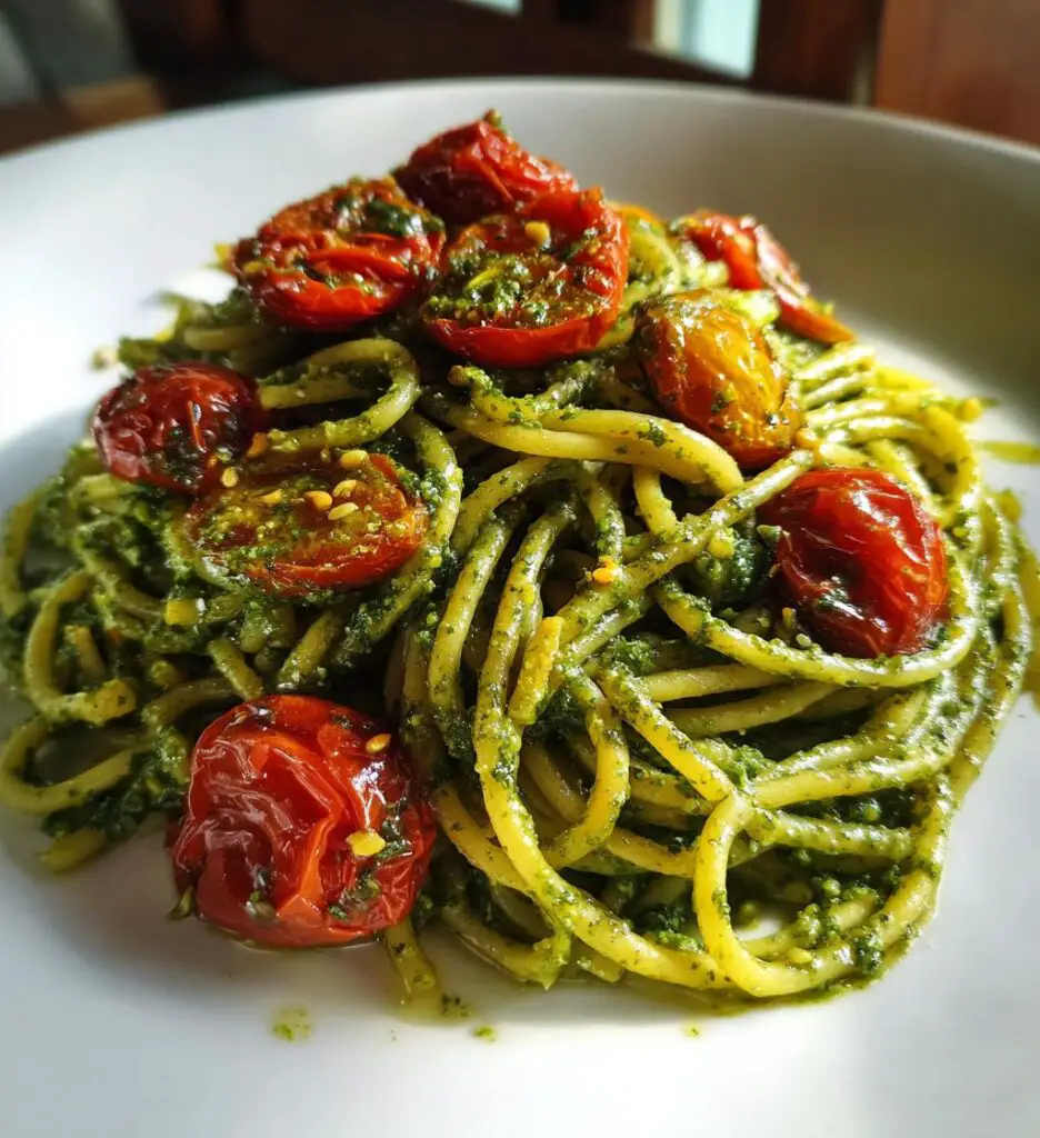 pesto pasta with roasted tomatoes