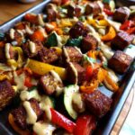 sheet pan tempeh and vegetables with cinnamon tahini sauce