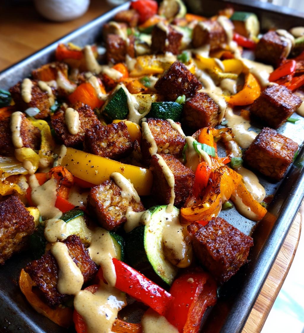sheet pan tempeh and vegetables with cinnamon tahini sauce