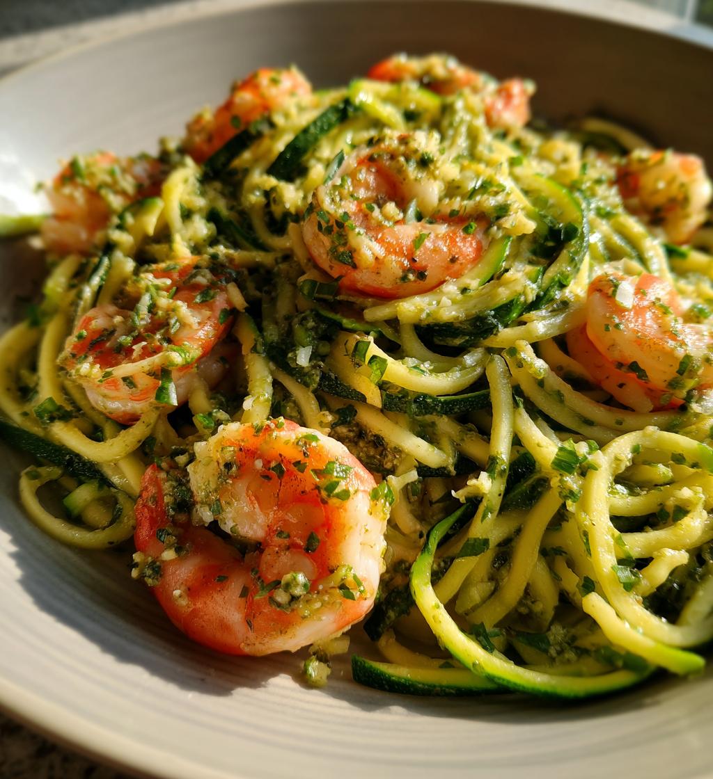 zucchini noodles with pesto and shrimp