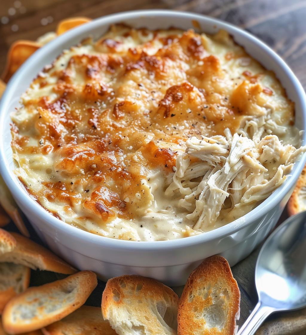 Chicken Alfredo Dip with Garlic Bread Chips