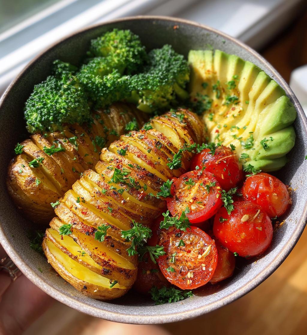 vegan lunch bowl hasselback potatoes